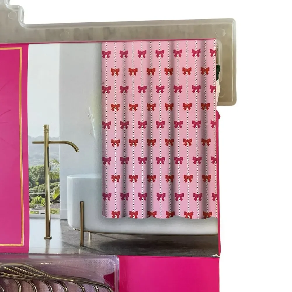 14pc Juicy Couture Pink Bows Christmas Shower Curtain Hooks Liner Set 72x72 NEW